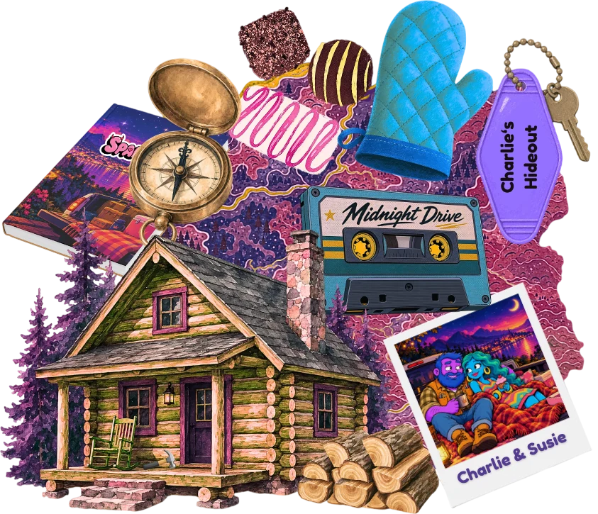 What Charlie and Susan are packing: a log cabin in the pines, a brass compass, a Midnight Drive mixtape, an oven mitt, sweets, a "Charlie's Hideout" key tag and a polaroid of the two of them under the stars